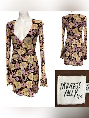 Princess Polly Wrap dress Sz 8 Mini Brown Floral long sleeve retro 90s‎ Y2K